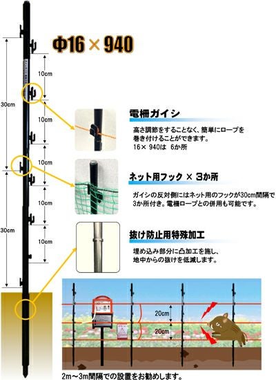 個人宅配送OK シンセイ 電気柵 支柱 FRP ガイシ付き 電柵支柱 φ16 X