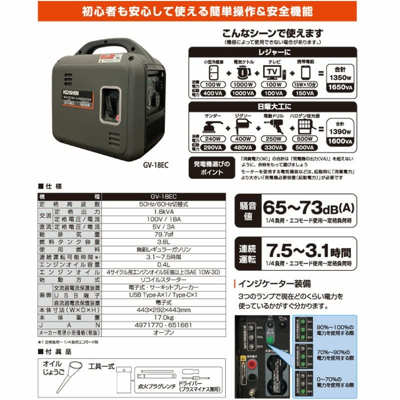 工進 KOSHIN インバーター発電機 GV-18EC 定格出力1.8kVA 1800W 軽量